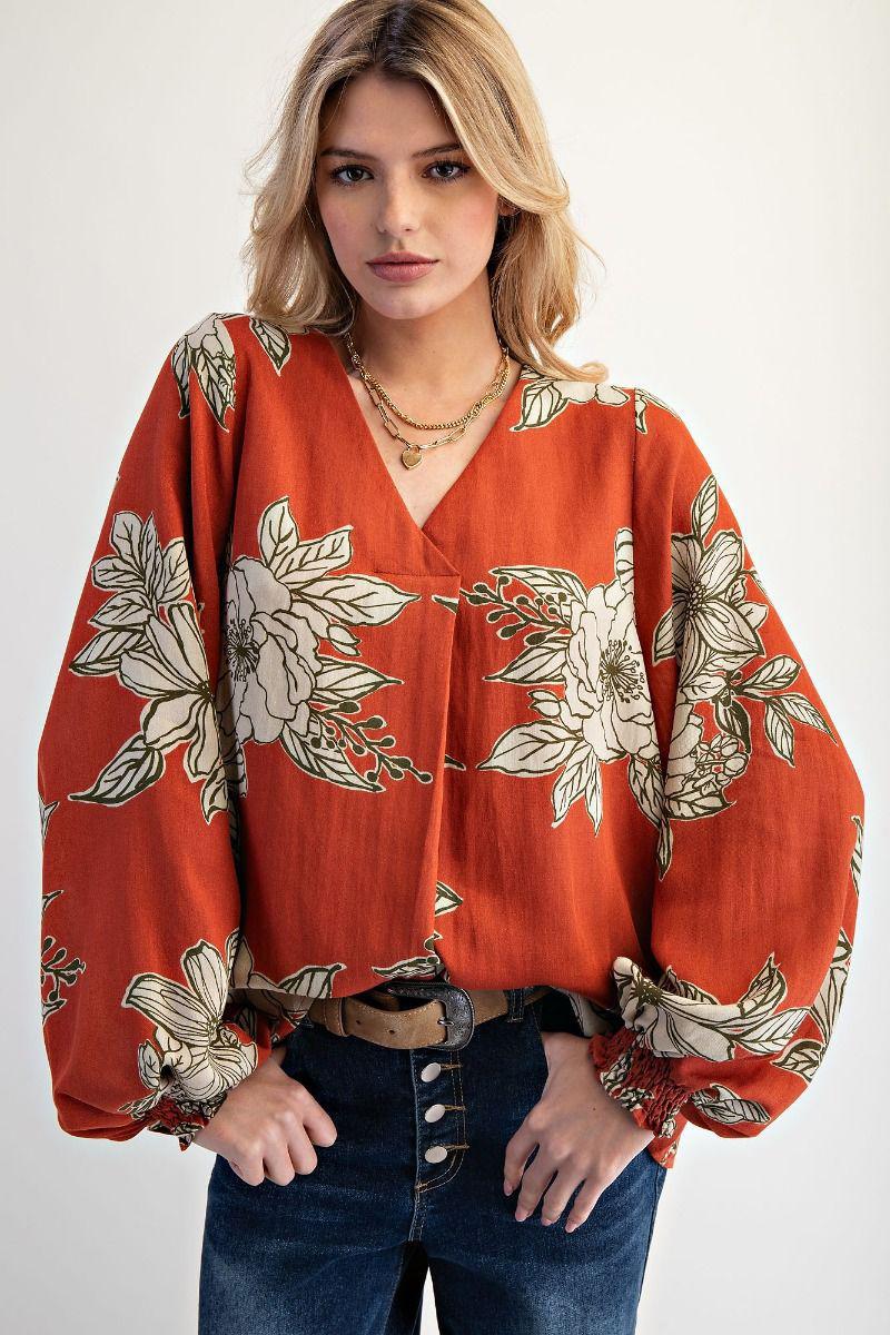Rust Floral Printed V-Neck Blouse