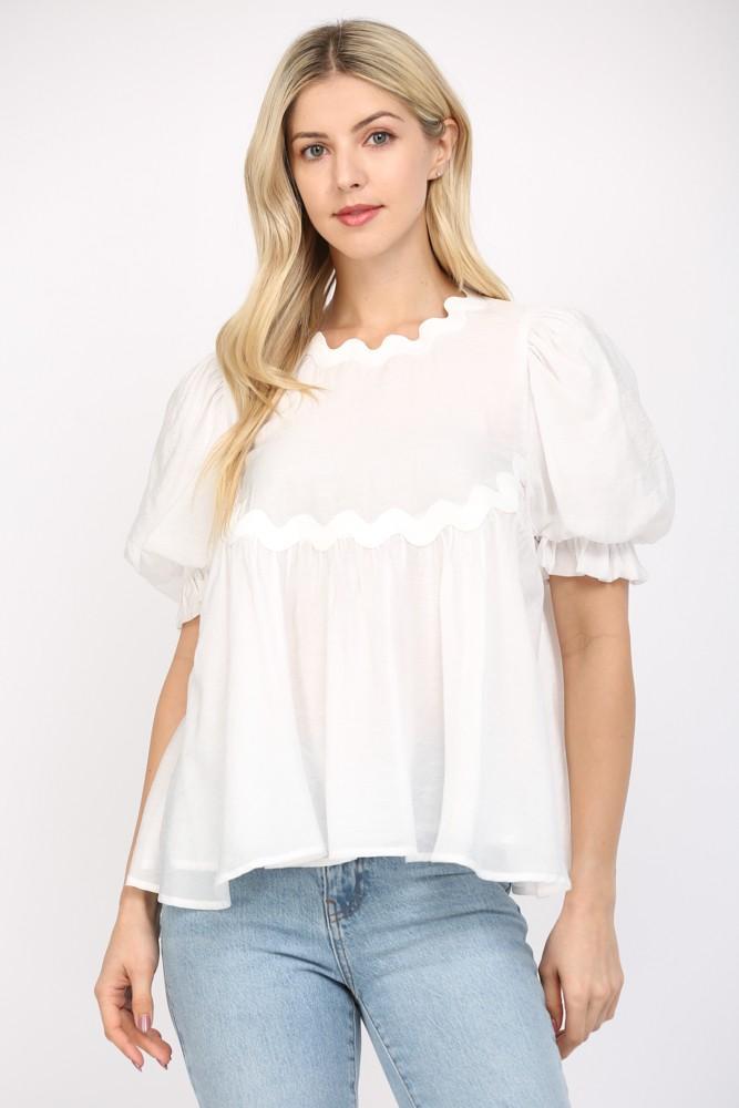 White Ric-Rac Trimmed Puffed Sleeves Top