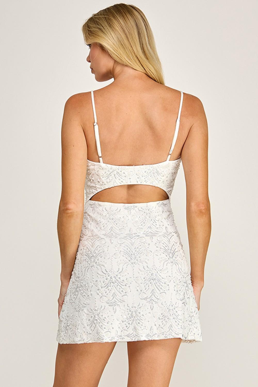 MESH W/ PEARL BEADS SEQUIN STRAPS MINI DRESS