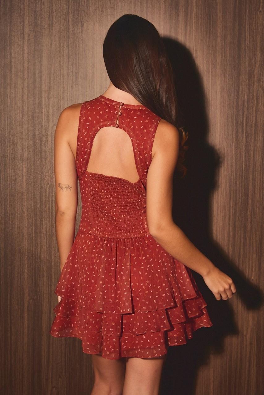 Brick Sleeveless Round Neck Smocked Back Ruffle Mini Dress