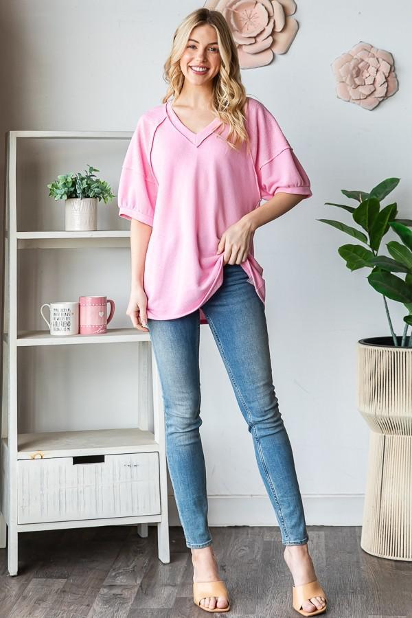Blush Short Sleeve V Neck Solid Top