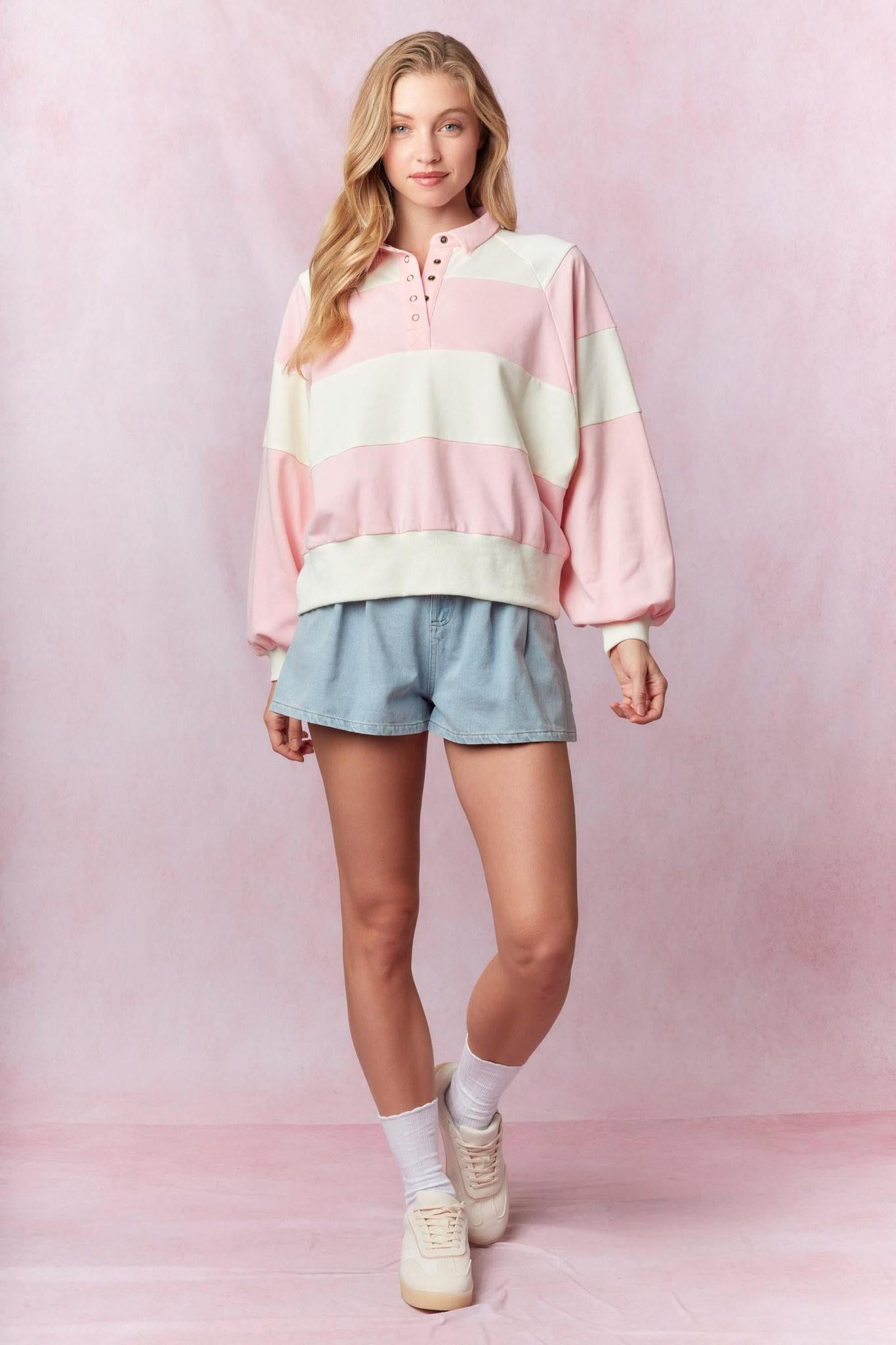 Pink/ivory Striped Snap Button Pullover