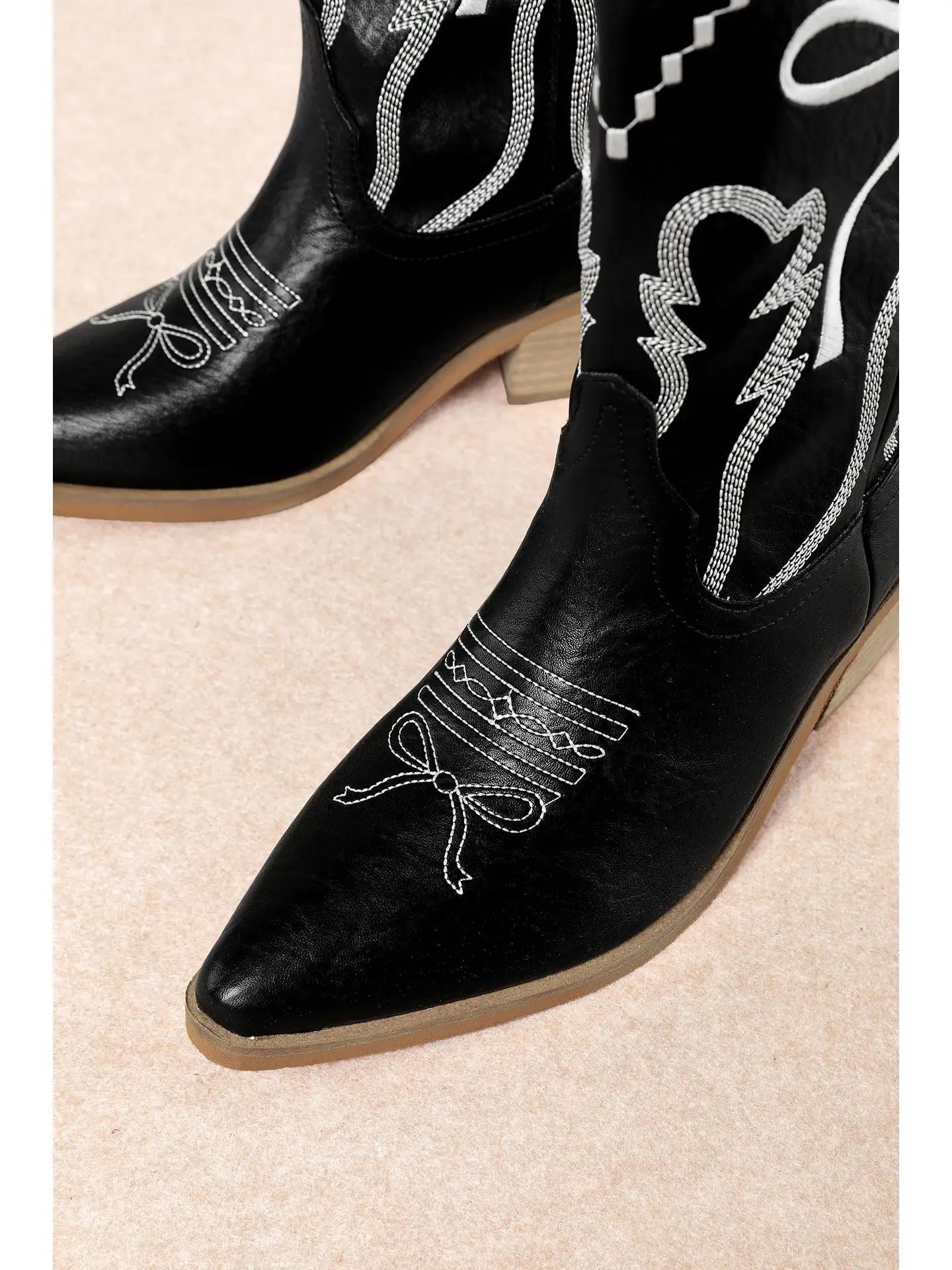 Zeta Bow-Embroidered Western Boot - Black