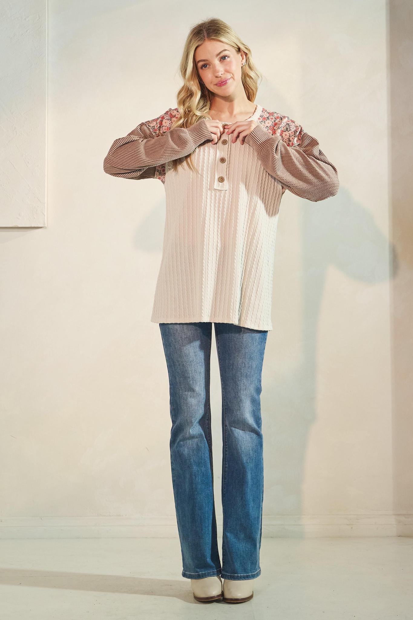 Long Sleeve Solid And Floral Contrast Top