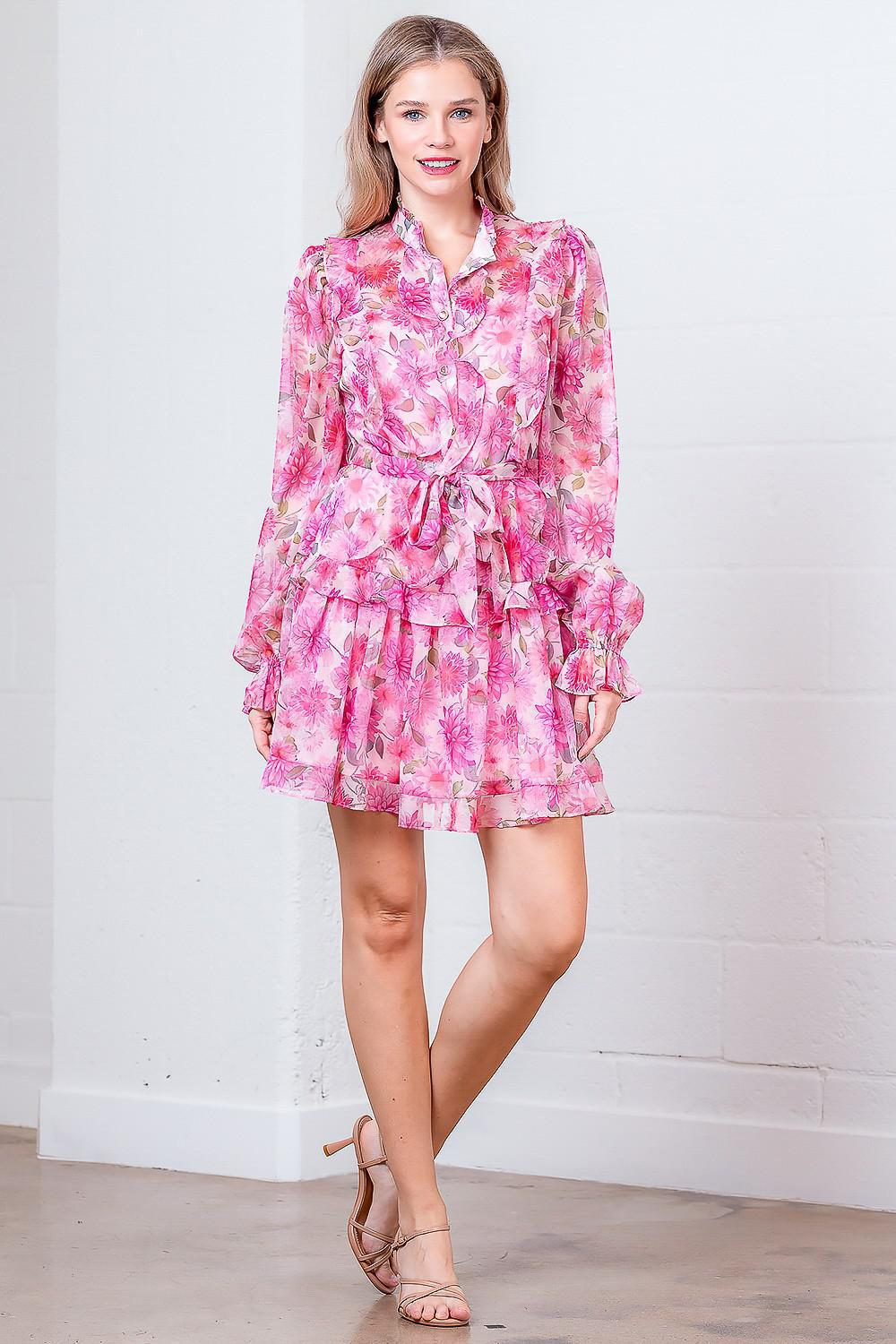 Button Up Pink Floral Ruffle Dress