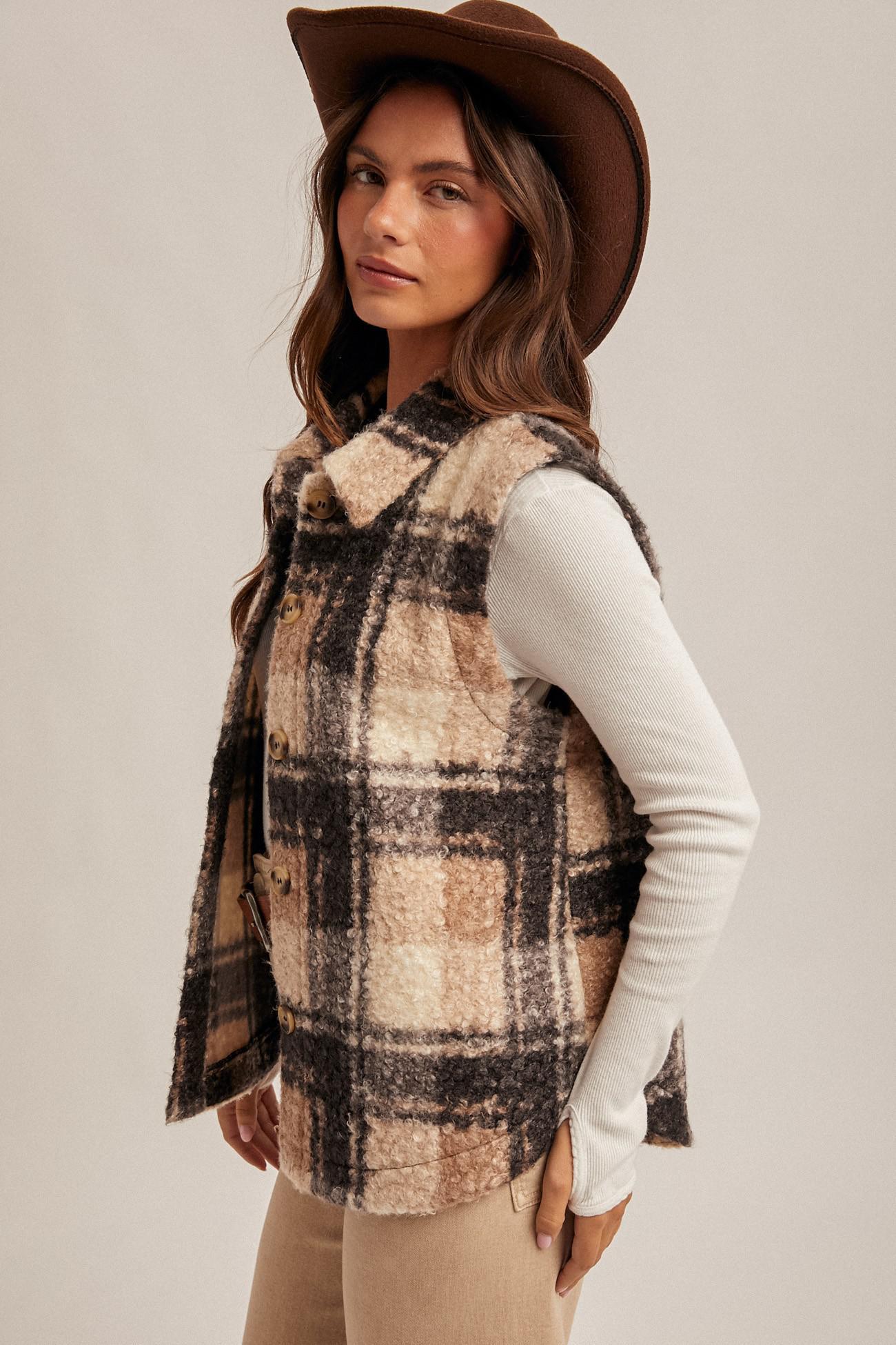 Plaid Boucle Button Down Vest