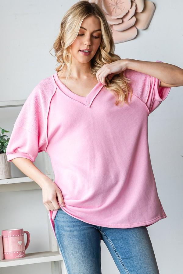 Blush Short Sleeve V Neck Solid Top