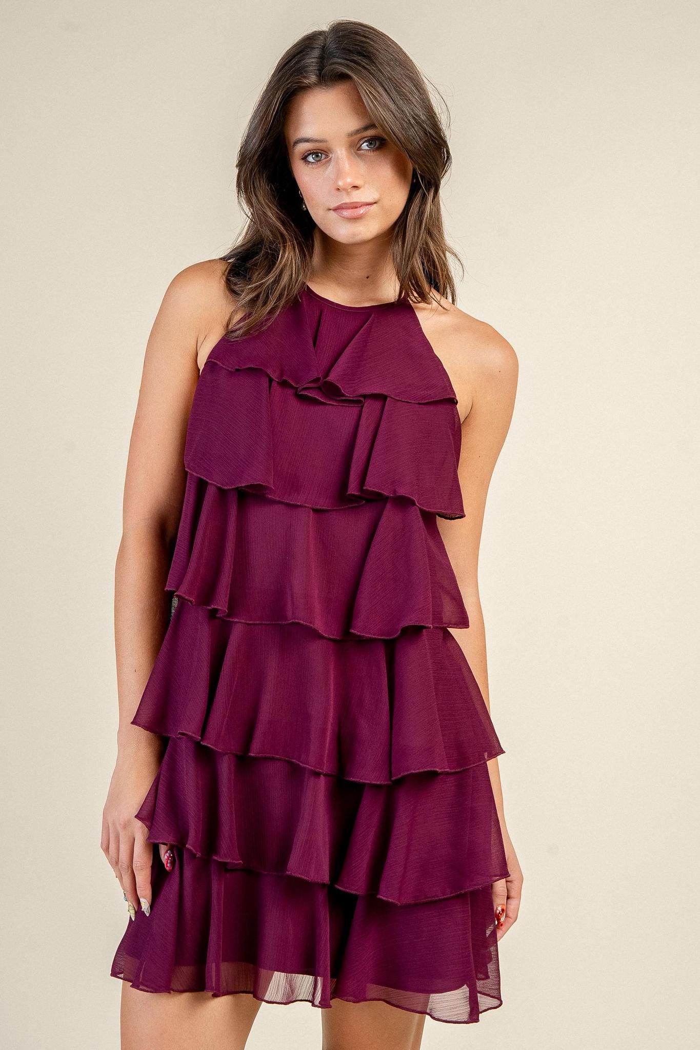 Merlot Multi Ruffled Mini Dress With Back Tie