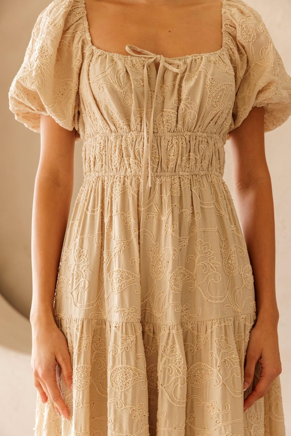 Beige Floral Embroidered Puff Sleeve Midi Dress