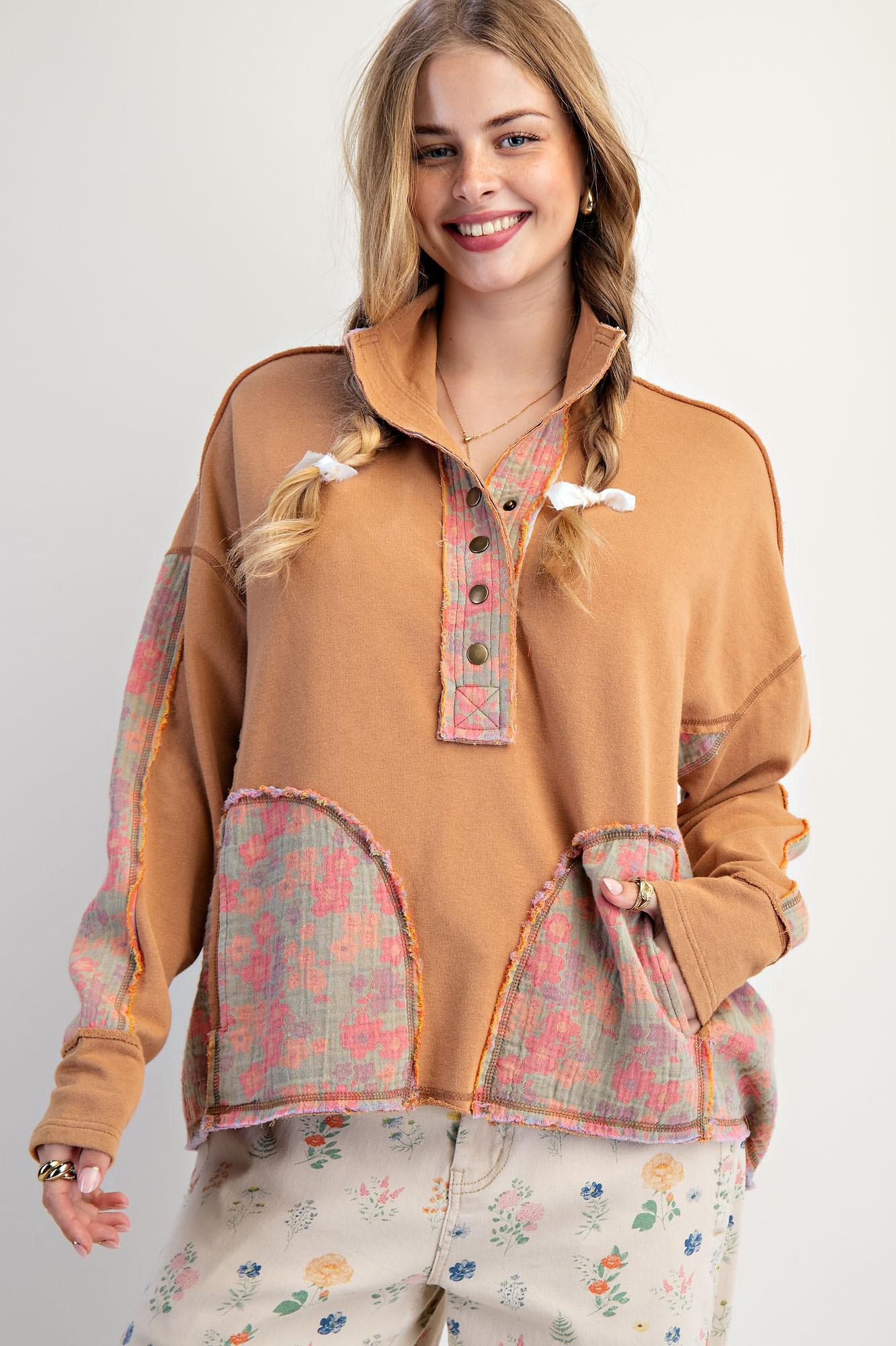 Floral Camel Mock Neck Washed Terry Pullover
