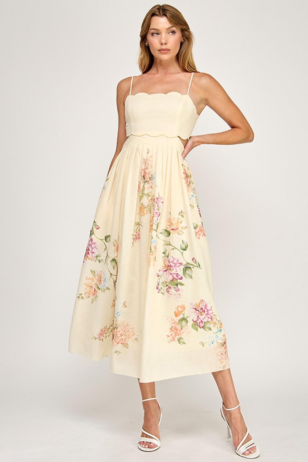 Cream Floral Scallop Dress