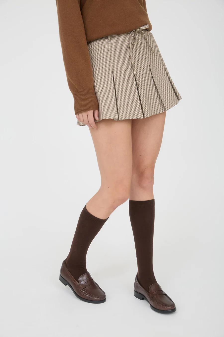 TAUPE PLAID WAIST TIE DETAIL PLEATED MINI SKIRT