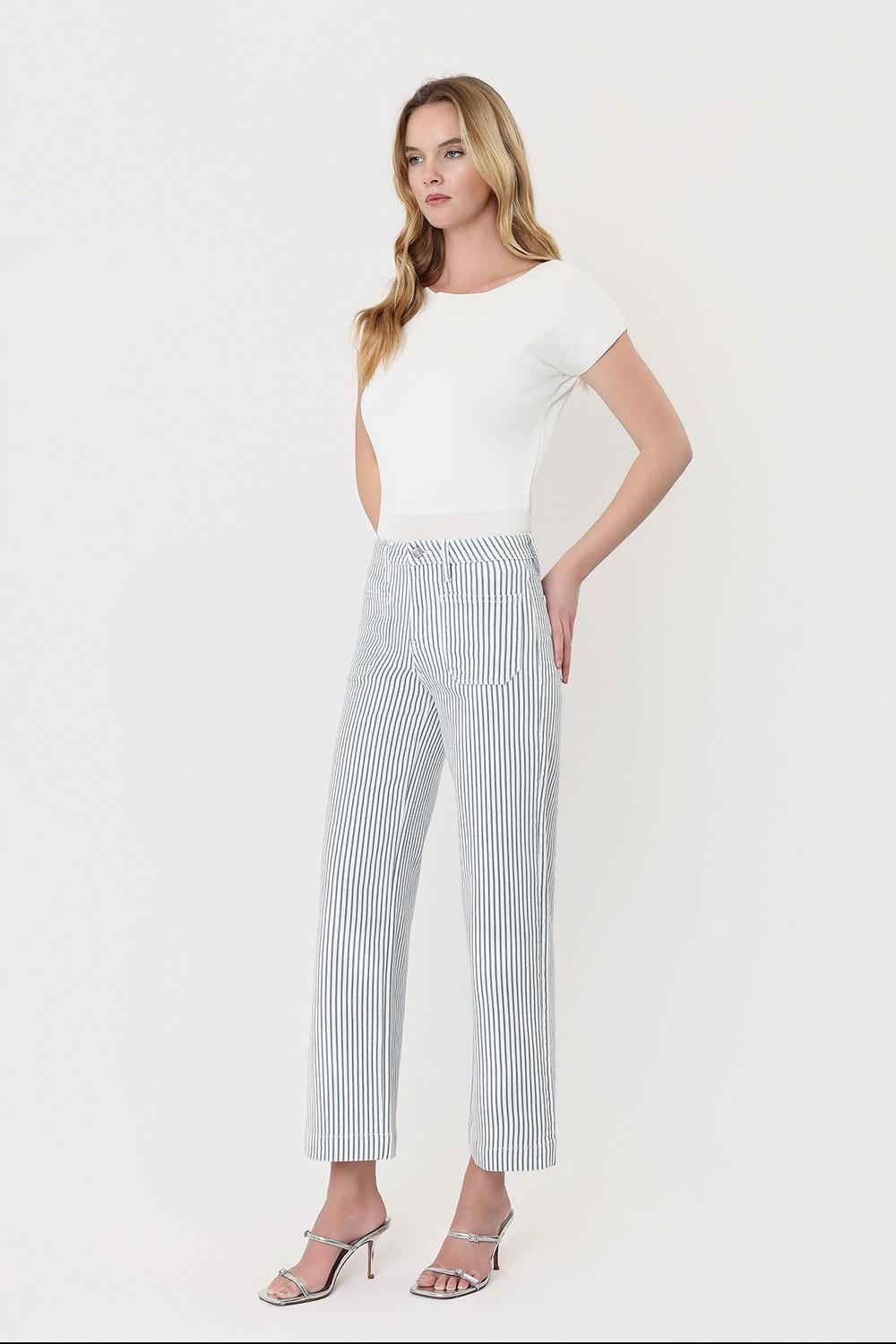 High Rise Patch Pocket Crop Striped Wide Leg Jeans