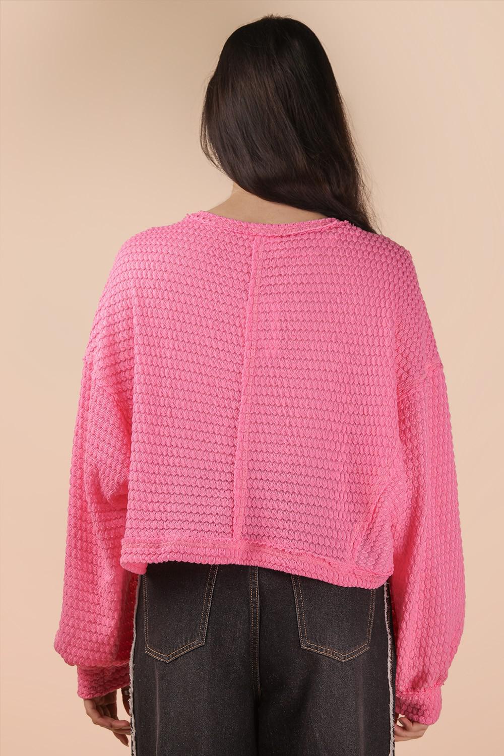 Pink Oversized Waffle Solid Knit Casual Top