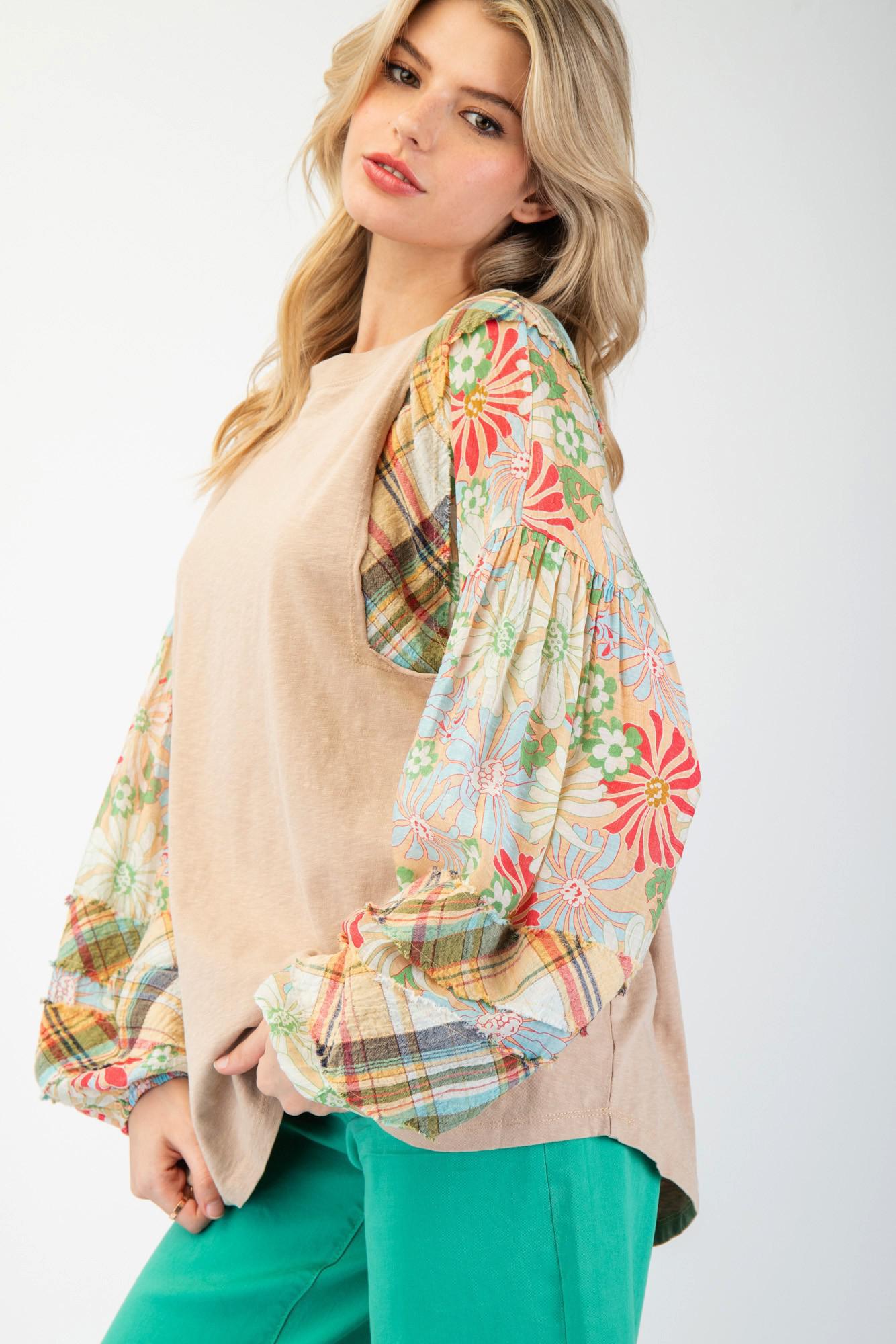 Khaki Floral Mix Print Cotton Blouse