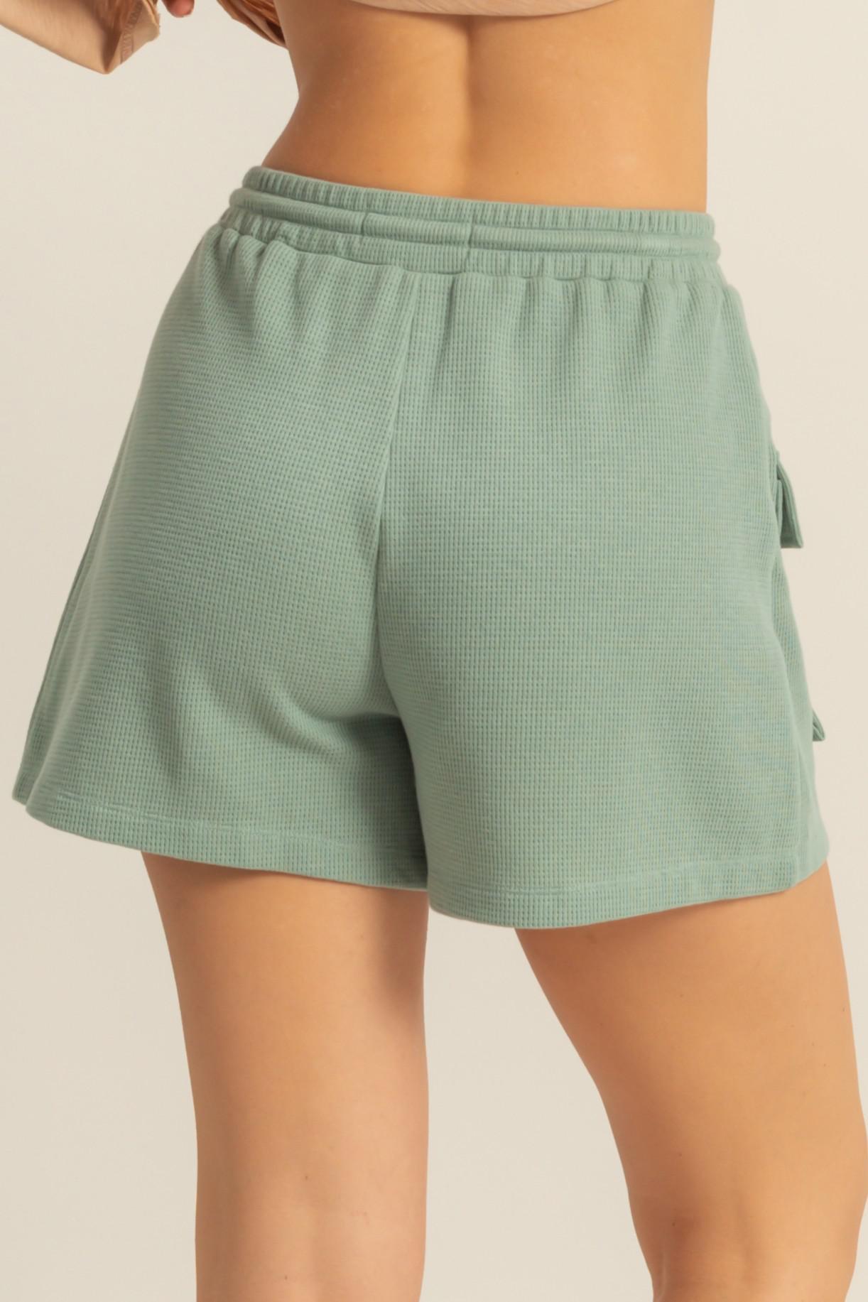 Sage Green Waffle Knit Front Pocket Shorts