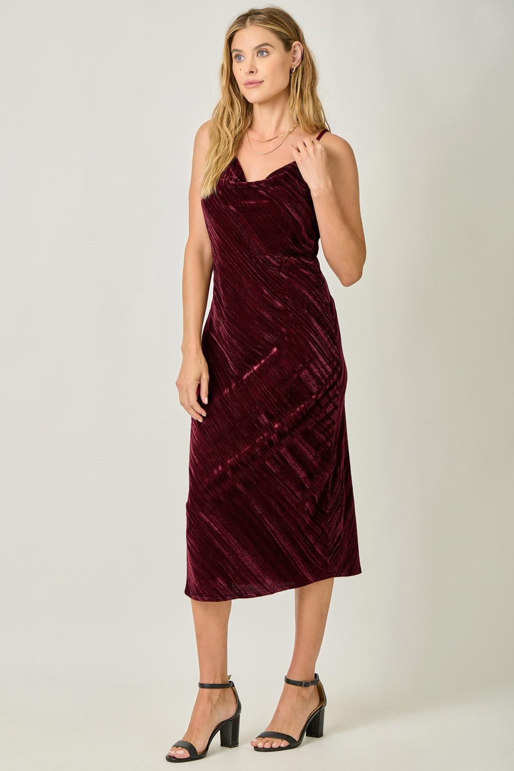 Cowl Neck Crinkle Velvet Slip Dress