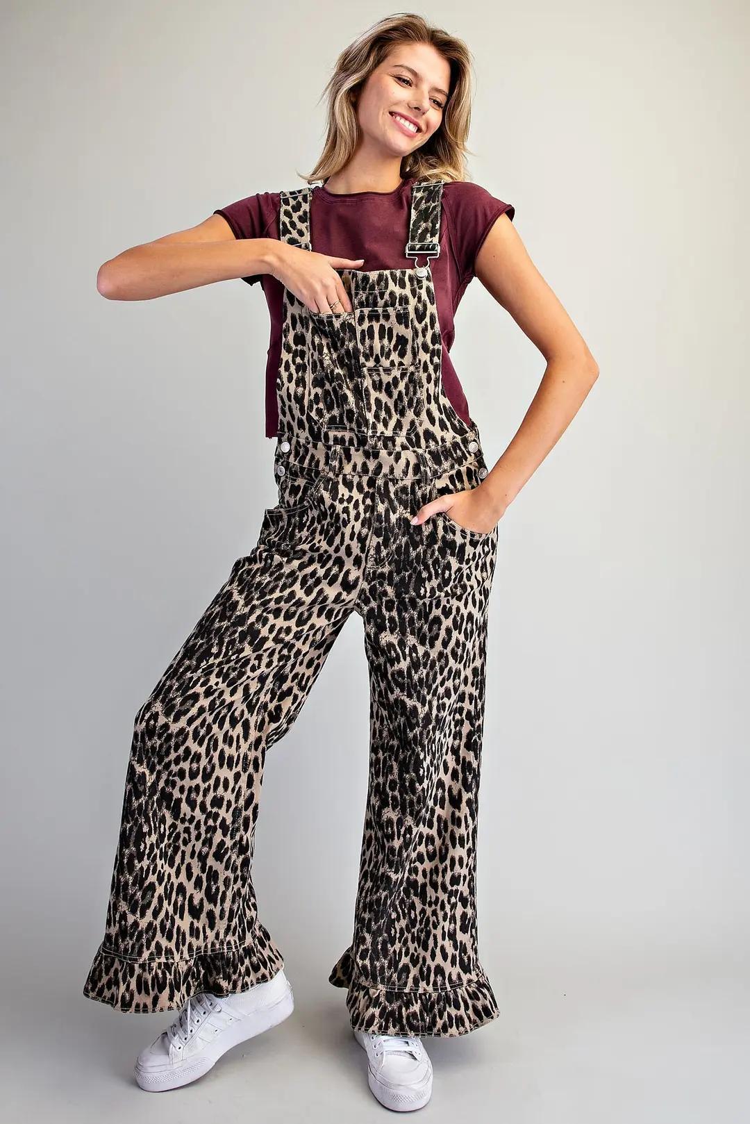 Mineral Washed Leopard Ruffle Hem Jumpsuit