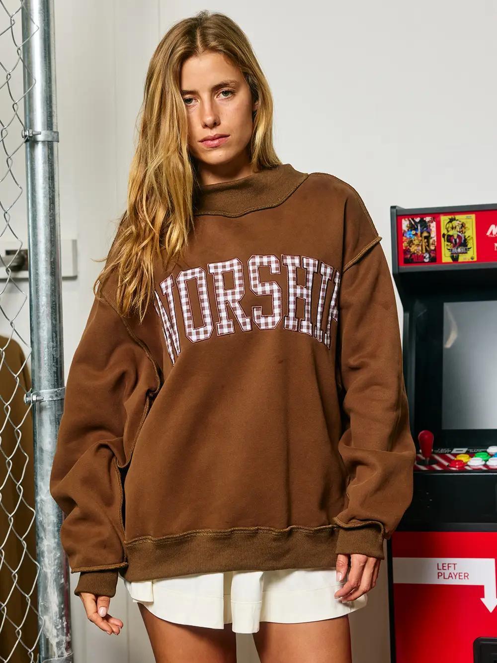 Brown Gingham "Worship" Mock Neck Sweatshirt