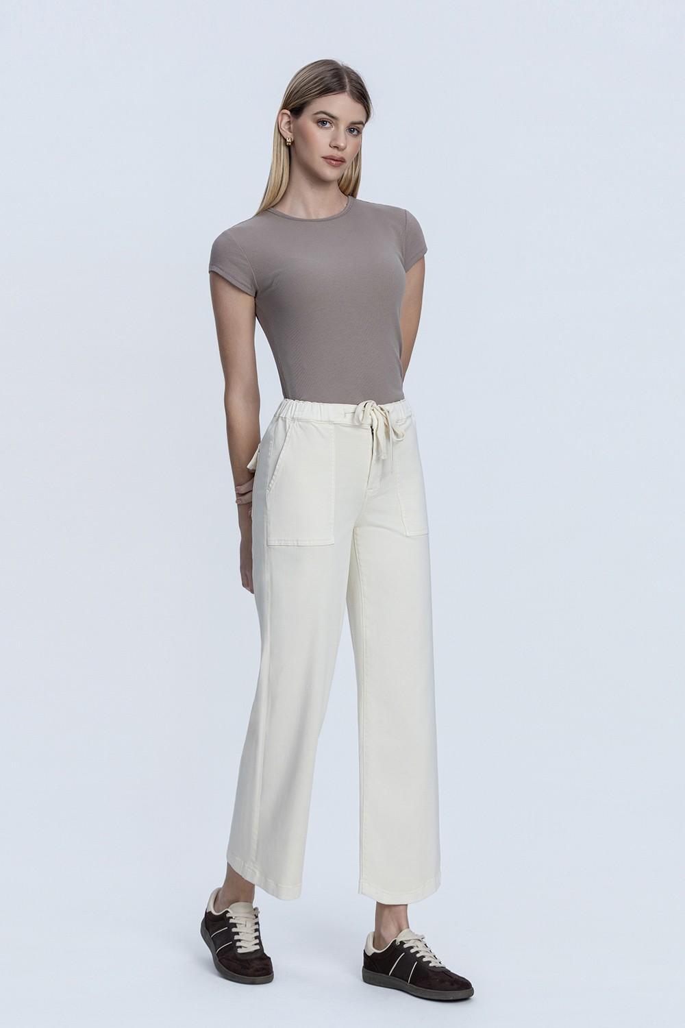 High Rise Ecru Color Drawstring Baggy Wide Jeans