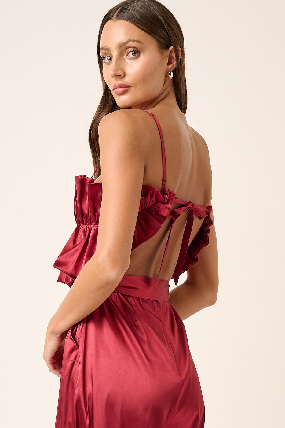 Wine Satin Ruffle Bust Wide Leg Jumpsuit