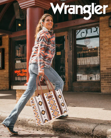 Wrangler Southwestern Pattern Dual Sided Print Canvas Wide Tote Coffee