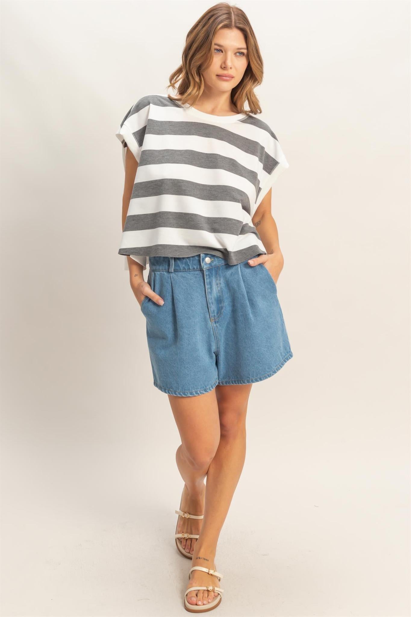 Striped Boxy Crew Neck Top - Heather Gray
