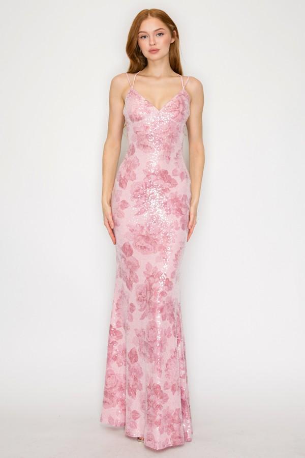 Mauve Floral Sequin Crossed Back Maxi Dress
