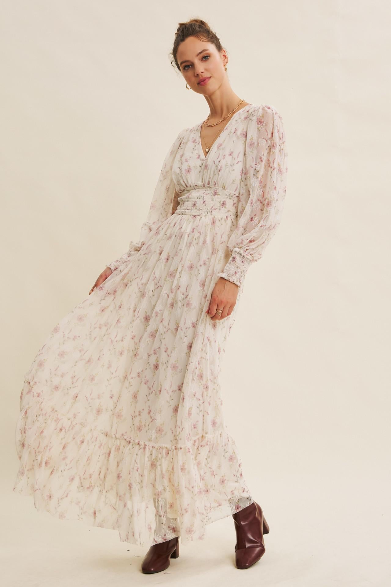 Dreamy Floral Mesh Maxi Dress With Smocked Waist