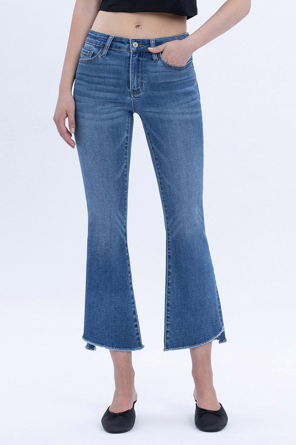 Mid Rise Raw Step Hem Crop Flare Jeans