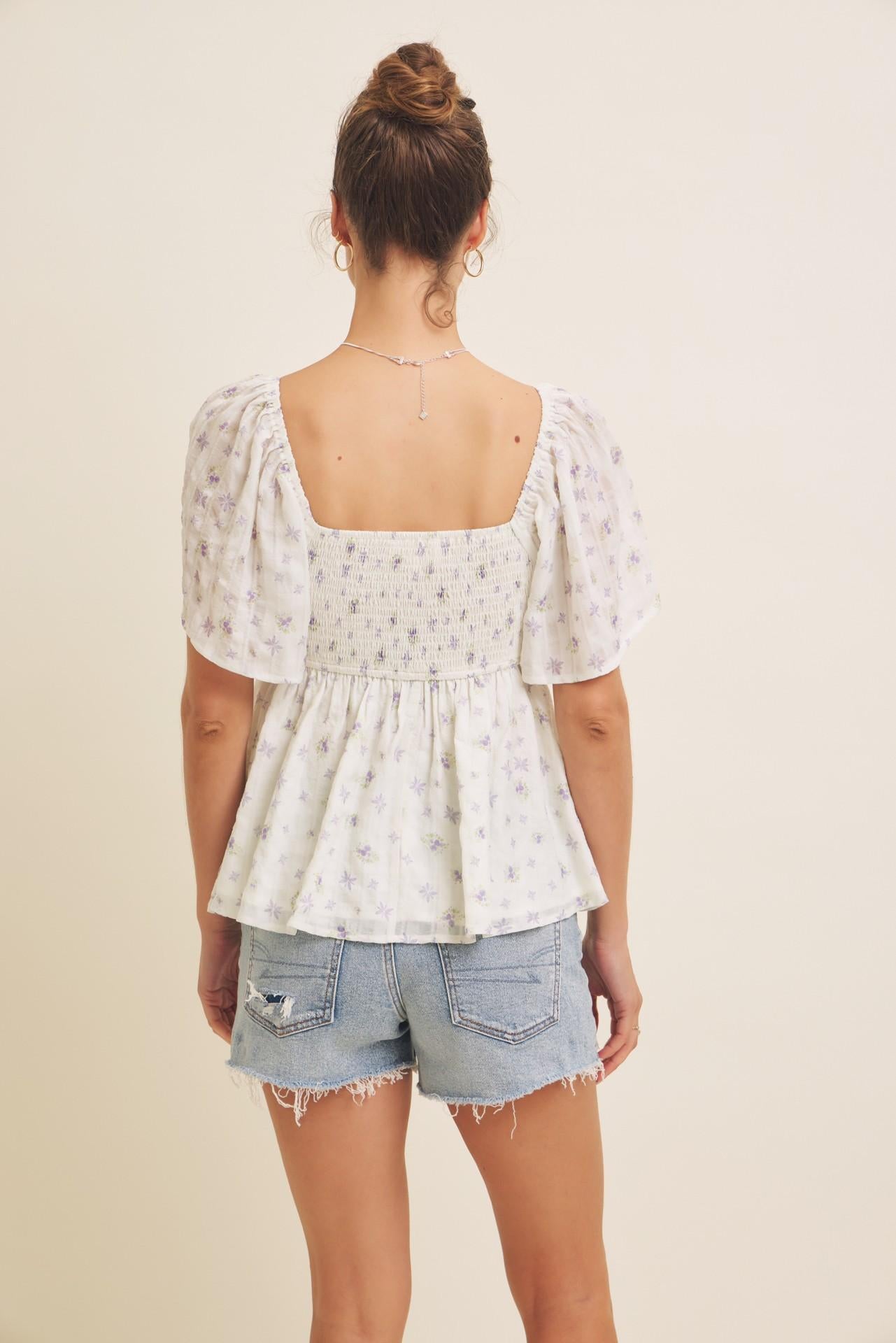 Sheer Crinkled Floral Blouse Knotted Front