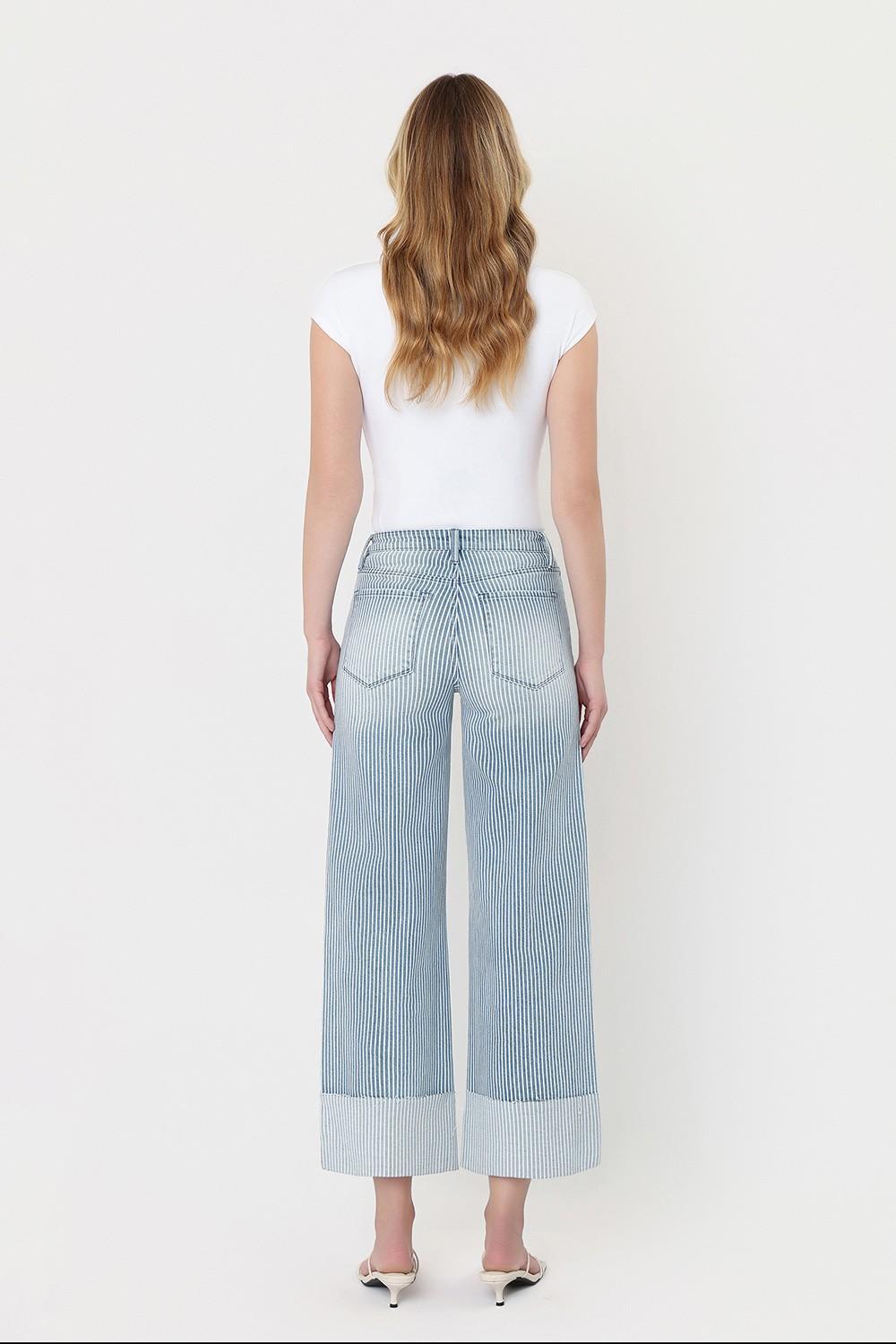 High Rise Cuffed Striped Crop Wide Jeans