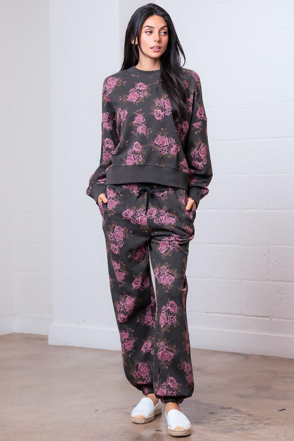 Crew Neck Flower Printed Sweatshirt