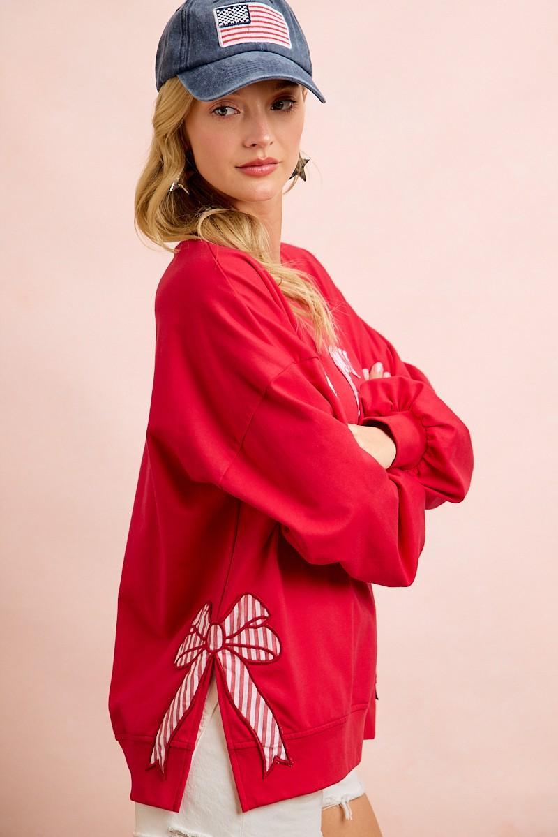 Red 4th of July Pattern Patch Bow Sides Sweatshirt