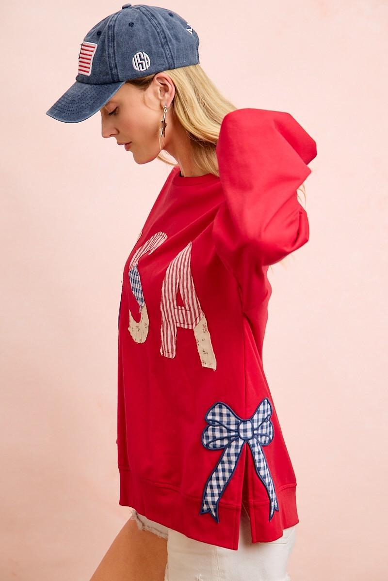 Red 4th of July Pattern Patch Bow Sides Sweatshirt