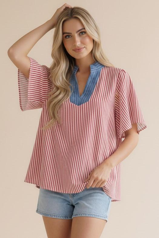 Stitched Neck Band Flutter Sleeve Stripe Top