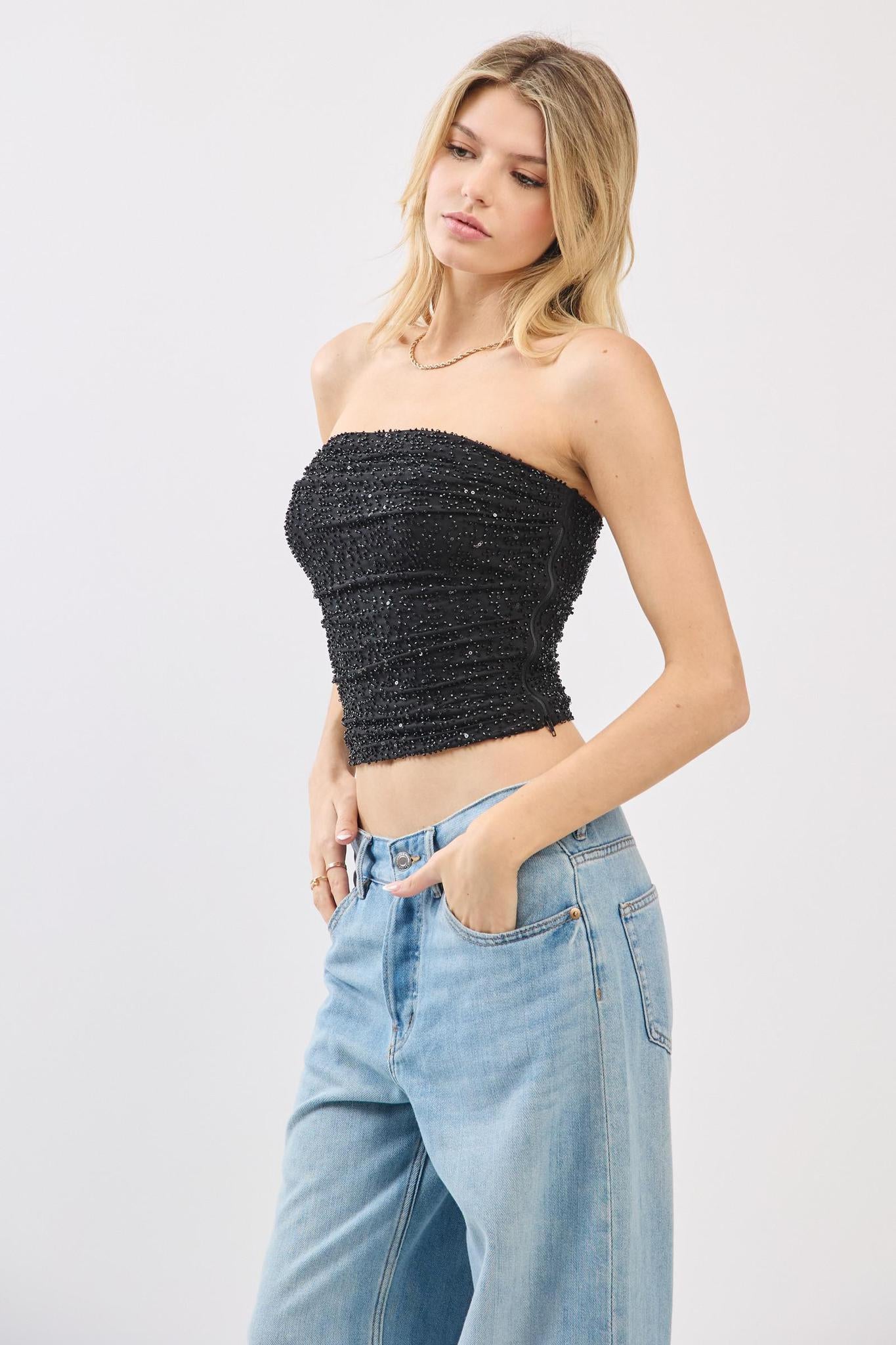 Black Power Mesh Beaded Tube Top