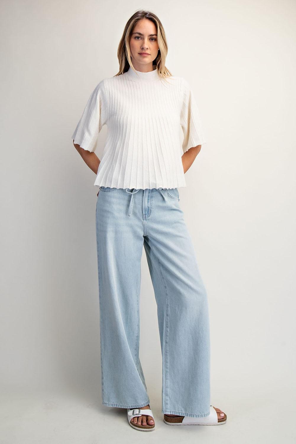 Short-Sleeve Mock-Neck Swing Sweater
