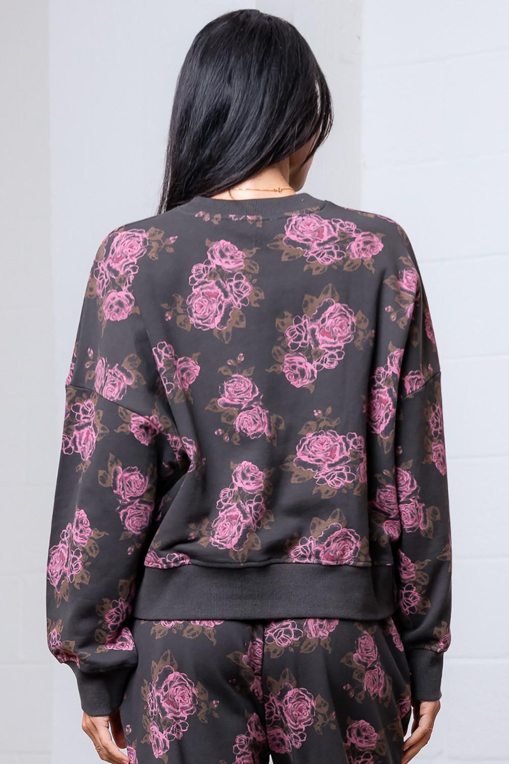 Crew Neck Flower Printed Sweatshirt