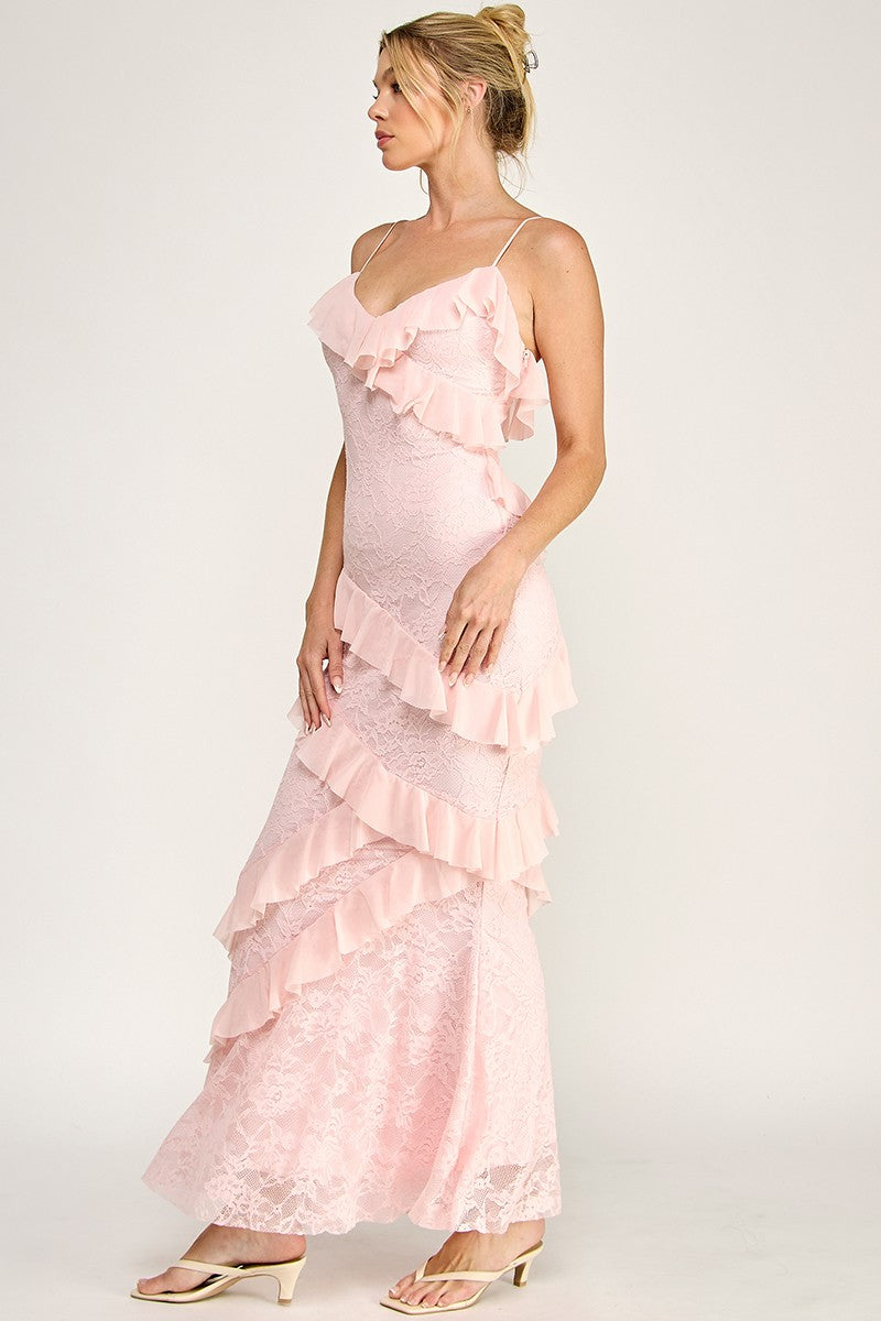 Light Pink Sleeveless Strap Open Back Ruffle Maxi Dress