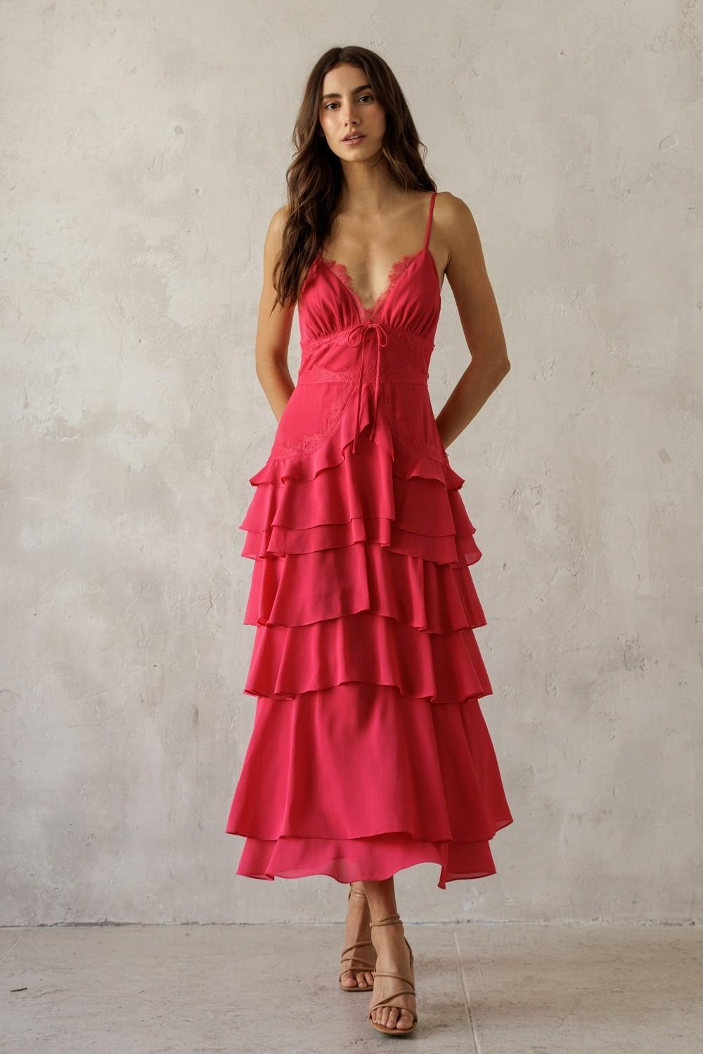Lace Trim Tiered Midi Dress - Hot Pink