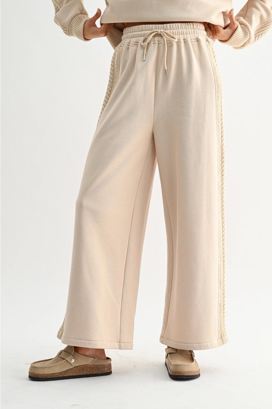 beige Cable Knit Trim Oversized Lounge Set