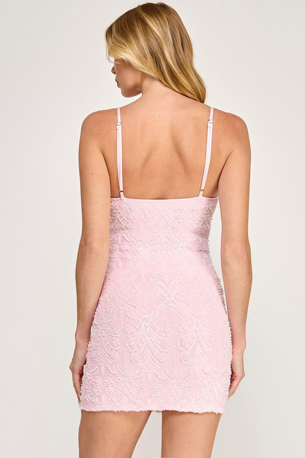 Pink Beaded Embellished V-Neck Bodycon Dress