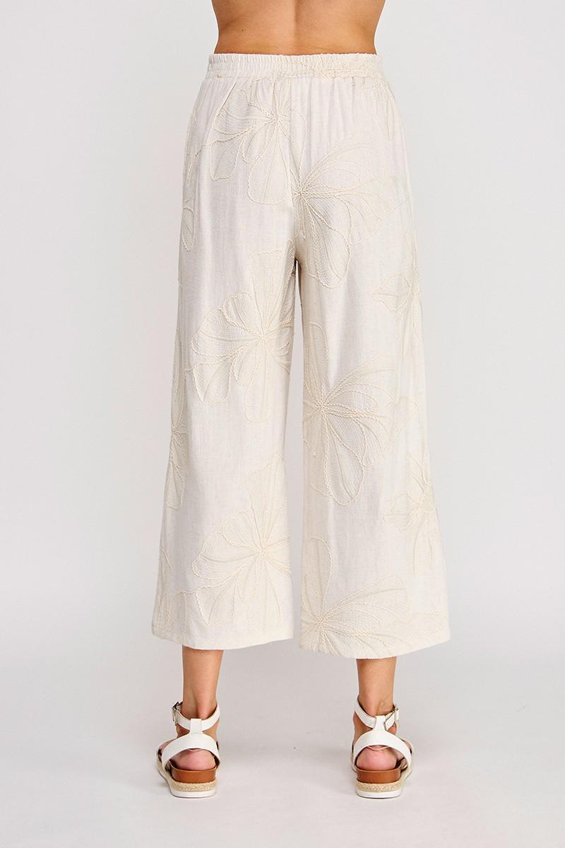 Floral Embroidered Soft Linen Cropped Pant
