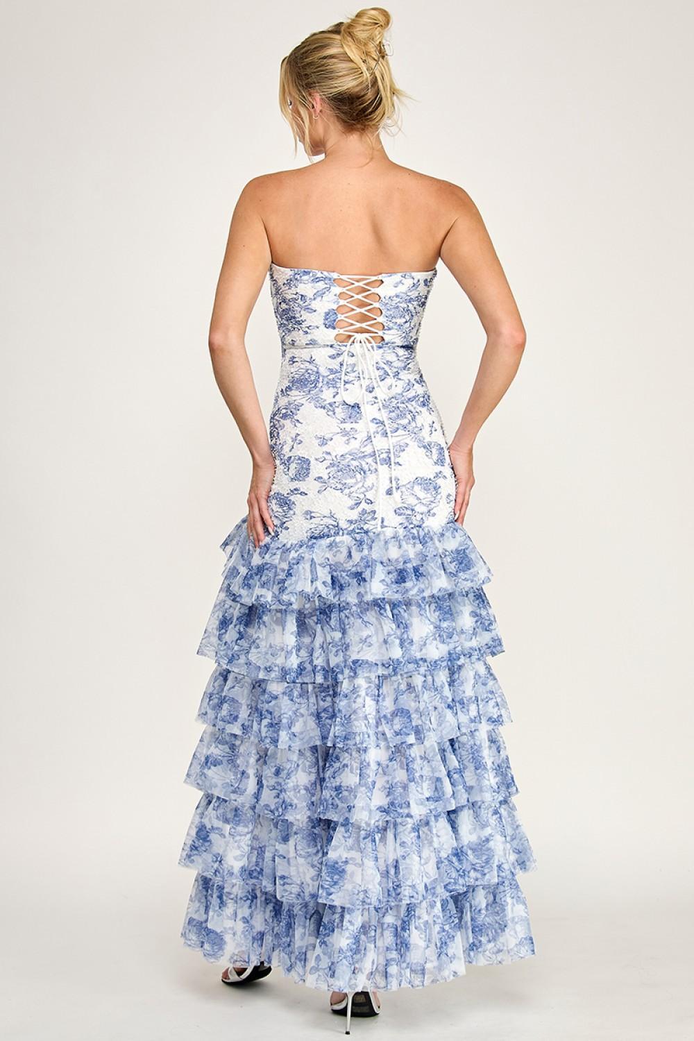 LACE BEADS FLORAL STRAPLESS FLOWY CHIFFON DRESS
