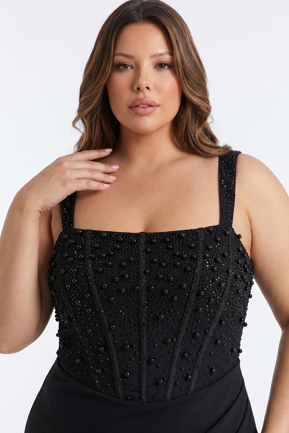 Black Embellished Corset Plus Size Maxi Dress
