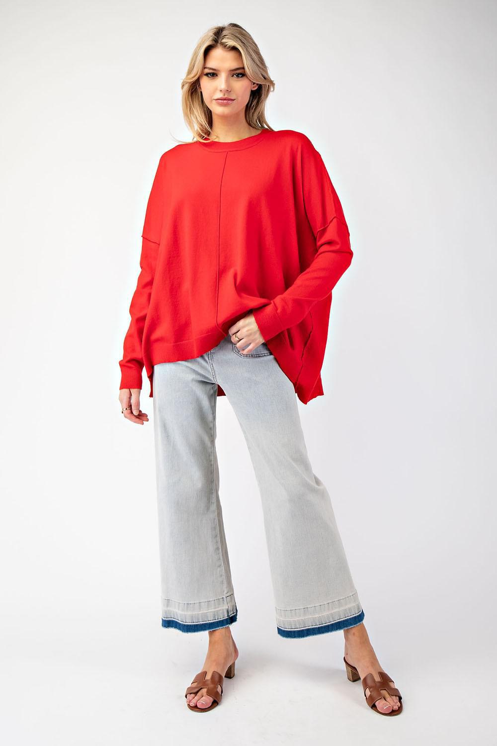 Red Long Sleeve Round Neck Sweater Top