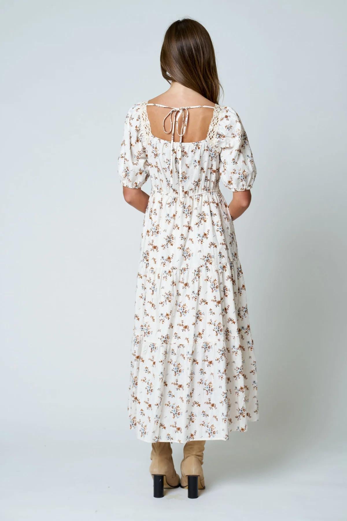 CREAM FLORAL CLIP DOT CROCHET LACE TRIM MIDI DRESS