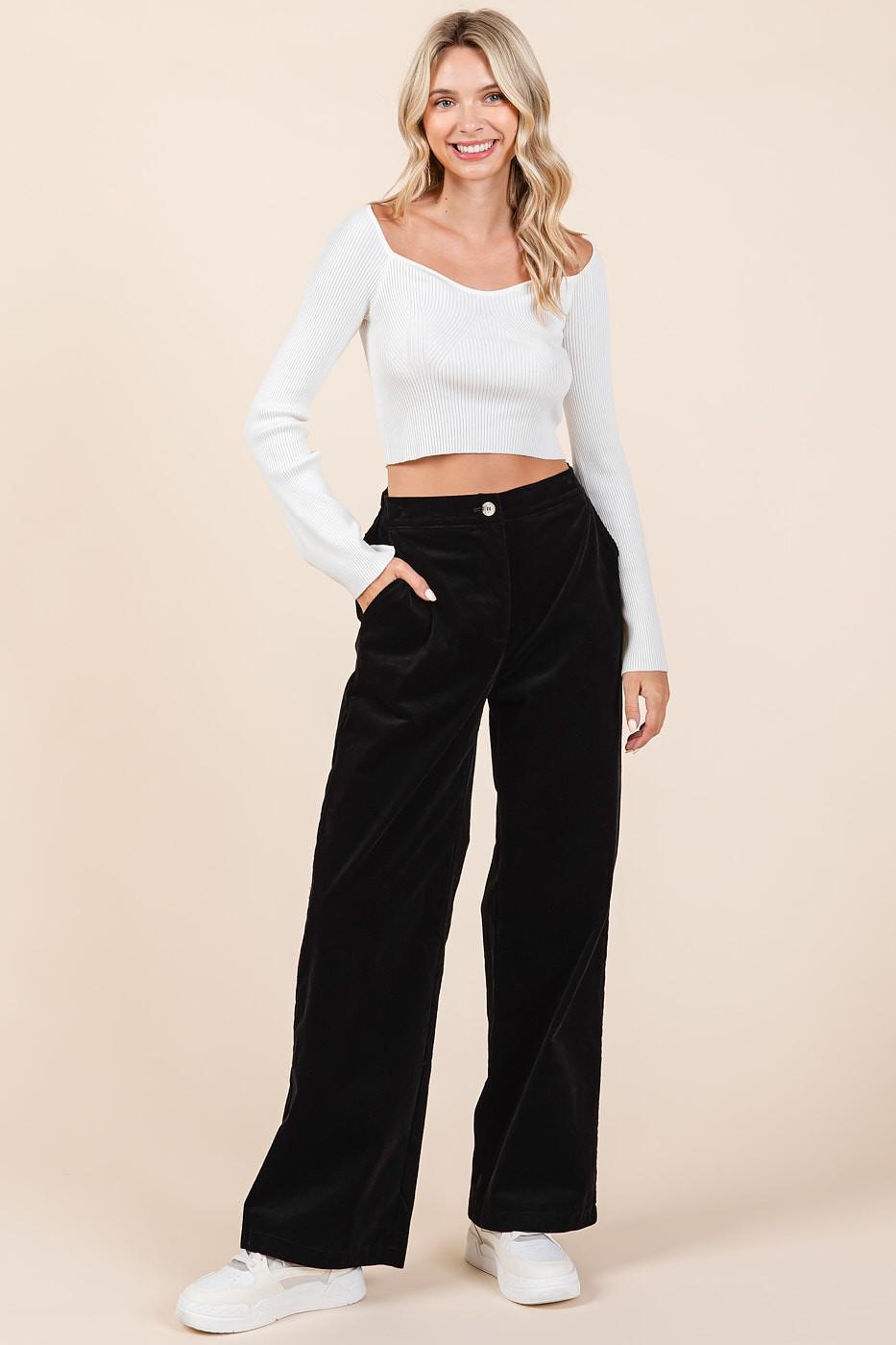 Corduroy Semi Wide Leg Elastic Waist Pants