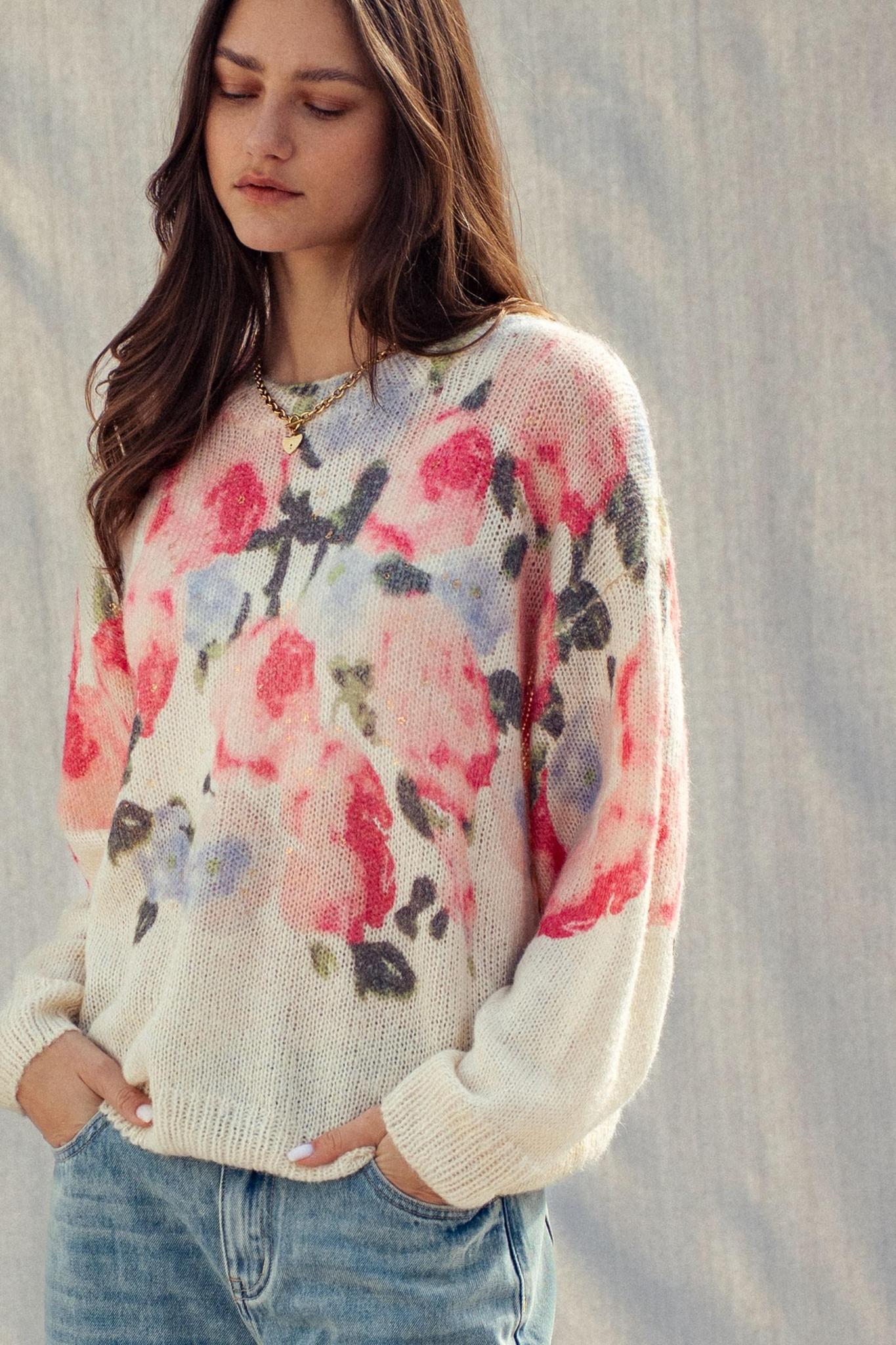 Rosewater Dream Floral Gold-Dust Sweater